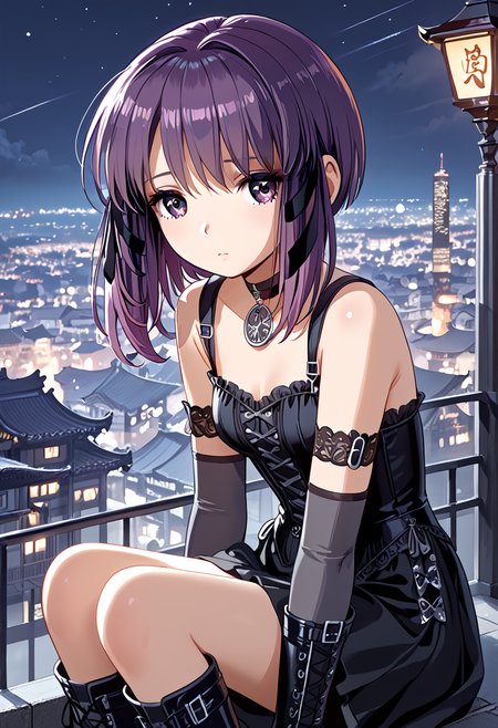score_9,score_8_up,score_7_up,source_anime, high quality detailed, very aesthetic, 8K, 16K, high quality, best quality, detailed eyes, hand, beautiful hands, prefect hands, perfect anatomy, skin highlights, (1girl, looking away from viewer), Miho, sidelocks, purple hair, hair ribbons <lora:Miho_Tohya__Megatokyo:1>miho, choker, elbow gloves, fingerless gloves, gloves, greyscale, goth boots, sad expression, distant expression, sitting on light post, city, night, Japanese city