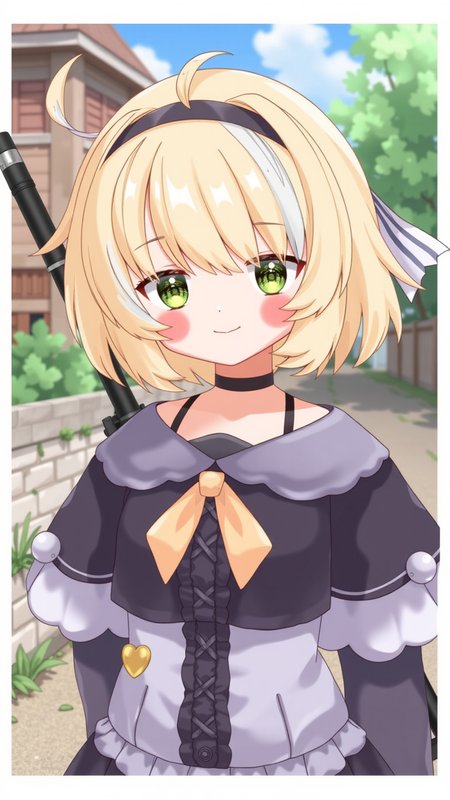 inis, blonde hair, green eyes, short hair, outside, smile, streaked hair, headband,