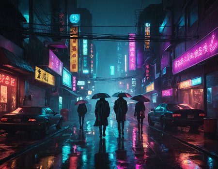 <lora:r0k00g00th:1>,r0k00g00th,r0kur3&l1tyHD. cyberpunk art,, a city street with neon signs and people walking on the sidewalk at night time in the rain [2]