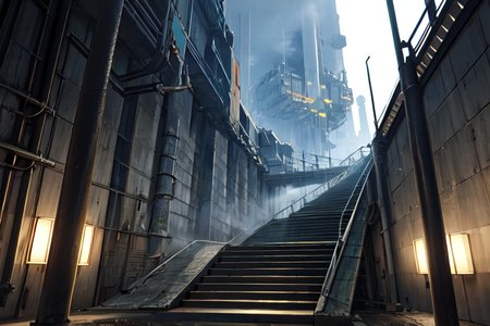 highly insanely detailed, masterpiece, top quality, best quality, highres, 4k, 8k, RAW photo, (very aesthetic, beautiful and aesthetic),  
tsutomu nihei,nihei_tsutomu,blame!,blame gakuen!,abara,TNstyle,sidonia_no_kishi,(city ruins,megastructure in background,stairs,giant room,sidonia \(ship\),tunnel,tower),dome,mist,steam,foggy,buildings,drainpipe,gauna,gauna mech,concrete walls,metal walls,clouds,star \(sky\),starry sky,air conditioner,bridge,dark sky,black sky,fence,walkway,tentacles,cables,tubes,industrial pipes,ventilation fan,ventilation shaft,lantern, 
<lora:blamev2:0>, 
(1girl:1.3), 
solo focus, 
classic beige background,âââ