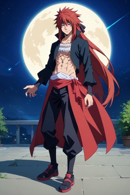 score_9, score_8_up, score_7_up, source_anime, rating_safe, , semi-realistic, looking at viewer, , 1boy, solo, male focus, <lora:guy_crimson_pony:0.86>, guy_crimson, red hair, red eyes, long hair, facial mark, full body, energy plant, night, full moon, claw pose, happy, , <lora:sdxl_lightning_8step_lora:1>
