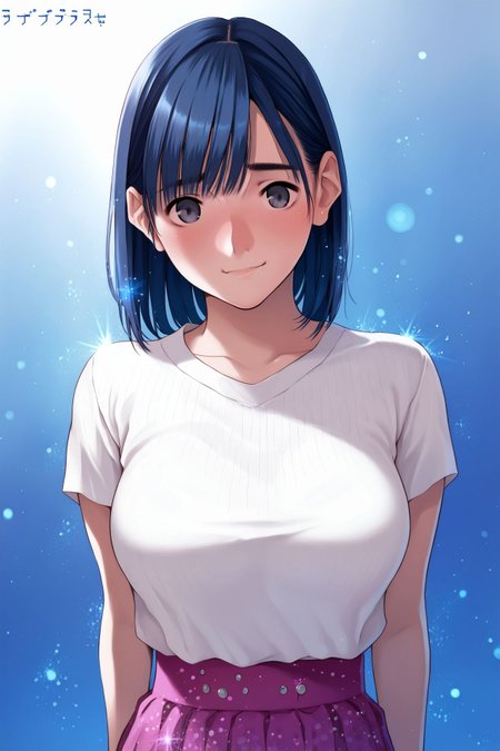 score_9, score_8_up, score_7_up, 1girl, embarrassed nose blush smile, dark_blue hair, full_bangs, grey eyes, large breasts, arms_behind_back,  glitter particles <lora:mino_tarou_loveplus_PonyXL_style_v01:1>