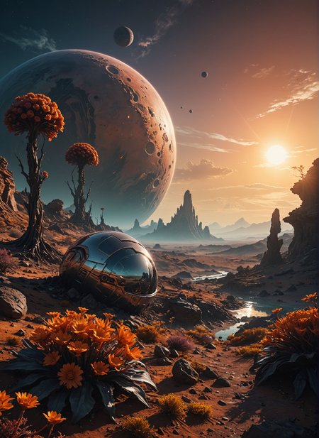 futuristic landscape, alien planet, strange flora, twin suns, vibrant skies, exploration, sci-fi setting, detailed environment 
,Ultra realistic, professional photo, uhd, 8k, studio light
<lora:add-detail-xl:1>
<lora:CinematicStyle_v1:0.7>
<lora:SDXLFaeTastic2400:0.25>