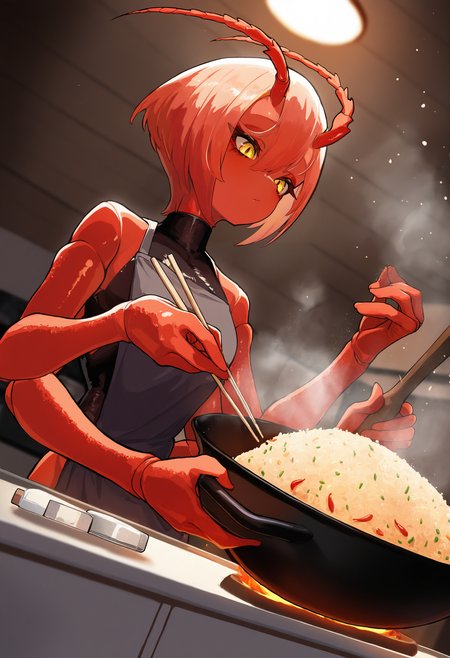 by [ekrea jan|bell orgel|diyokama|yoneyama mai|lam|fuzichoco],
original, 1girl, monster girl, antennae, arthropod girl, shrimp girl, red skin, long eyelashes, yellow eyes, carapace, short hair, loose hair strand, upper body, extra arms,
kitchen, salt shaker, chili pepper, egg, fried rice, wok, wok hey, salt bae \(meme\), fire, steam, cooking, holding chopsticks,
indoors, dark, backlighting, dutch angle,
masterpiece, best quality, very awa, absurdres
<lora:noobai_epred_11_monster_girls_v1:1>