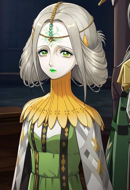 source_anime, 1girl, white skin, grey hair, forehead tattoo, green eyes, green lips, hair decoration, head chain, wrinckles, high yellow collar, medieval dress, white and green dress,<lora:Joanna_-_Metaphor_ReFantazio_-_Pony:1>