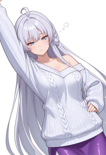 Smooth Quality,masterpiece,very intricate, high quality details, ultra realistic, high detailed skin,detailed enviorement,absurdres,
simple background, white background, 
dynamic angle,stretching, one arm raised, other on hip, slight side bend, relaxed body,  ,exhausted,
oversized sweater, ,long coat, ,mermaid skirt,  ,
 <lora:Crylet_Kureha_cnn:0.8>kurehacnn,1girl,bangs, blue eyes, ahoge, mole,  bare shoulders, grey hair, very long hair,