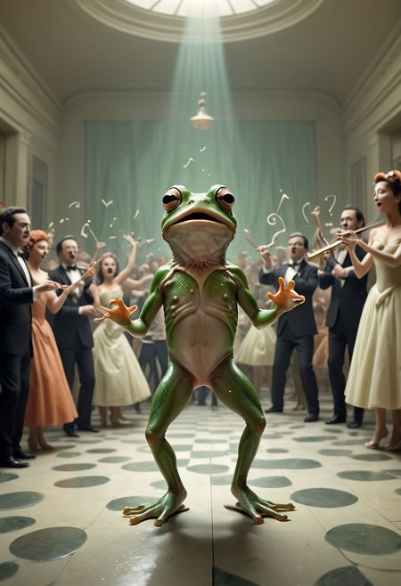 A surreal mind image of a frog dancing in a musical movie