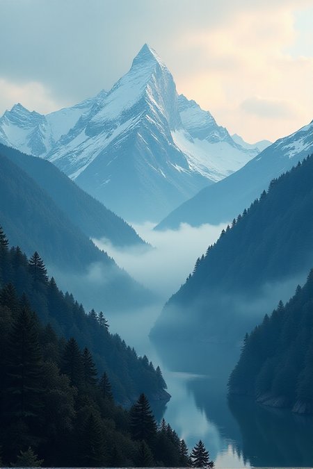 their peaks veiled in mist. great lighting, A surreal landscape highly detailed . extremely high-resolution details, appears trapped in an optical illusion of reflections and refractions colorful , professional photography, natural lighting, volumetric lighting maximalist. intricately detailed, complex, elegant, expansive, fantastical, film photography style, in the distance layers of mountains strech to the horizon in shades of blue, mysterious fog envelops the landscape, adding depth and atmosphere to the composition, ultra-detailed, hyper-detailed, ambient lighting, (masterpiece), (Amazing quality), (phenomenal aesthetic), cinematic moment, 8K<lora:FLUX_Ghibsky_Illustrations.safetensors:0.8:1.0>âââ