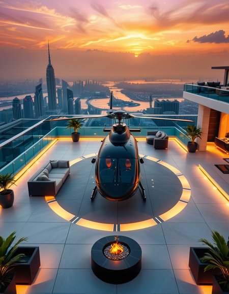 A high-resolution photo of a luxurious rooftop of a five-star hotel at sunset, featuring a sleek helipad with a high-end, matte-black private helicopter elegantly parked. The rooftop is designed with ultra-modern architecture, featuring a spacious terrace with infinity-edge glass railings, ambient lighting, and a panoramic city skyline in the background. The surface of the helipad is clean, polished concrete with clear illuminated markings. Surrounding the helipad, there are lounge areas with modern outdoor furniture, minimalist fire pits, and decorative planters with tropical greenery. The lighting is warm and golden, casting soft shadows and highlighting the contours of the helicopter and the textures of the rooftop. The sky is dramatic, painted with hues of orange, pink, and violet, creating a cinematic atmosphere of luxury and exclusivity. The overall mood is elite, calm, and aspirational, showcasing the ultimate in urban luxury lifestyle.
<lora:SDXLFaeTastic2400:0.4> <lora:extremely_detailed:0.4> extremely detailed, <lora:helipad_r00ft0p:1>,helipad r00ft0p, Masterpiece,best quality,hi res,8k,hi res,8k,award winning,(sharp focus, intricate, highly detailed),