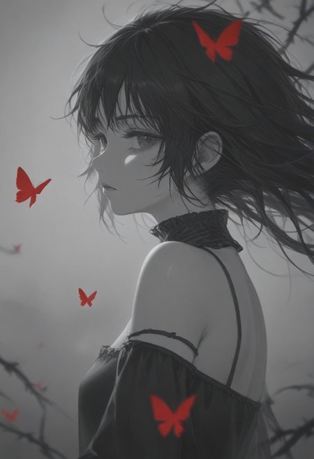 year 2023,1girl,solo,red and black theme,strong picture,dark,upper body,side_face,sad,parted_lips,looking back,floating hair,bare shoulders,delicate and beautiful eye,gothic,black rose,thistles and thorns,flora,fog,red butterfly,underlighting,bokeh,blurry background,strong visual impact,film lighting,from side,