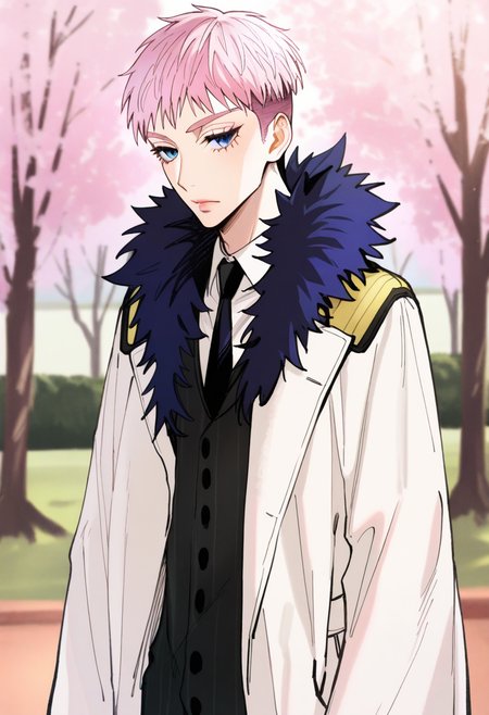 artist:gomzi,artist:wanke,artist:diyokama, rei_(sanbonzakura),[[artist:fuzichoco]],year 2024, park, 1boy, solo,
jino lorenzi, pink hair, short hair, blue eyes, undercut, white coat, white shirt, black vest, black necktie, fur trim,
upper body,
<lora:ntmf_majorcharacters.ilxl.v02:1>