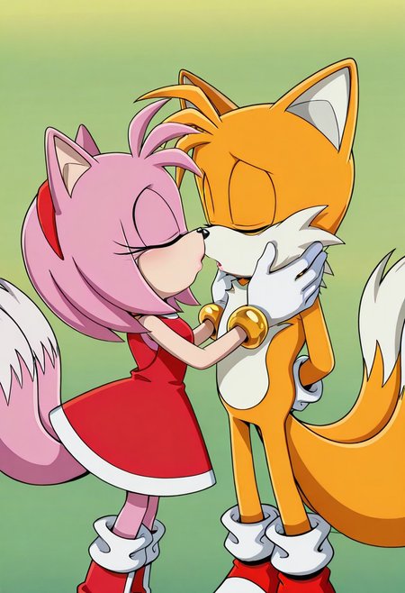 <lora:Tails_-_Sonic_X_IL:1.0> 1boy, male, Tails_IL,  white gloves, imminent kiss, closed eyes, AmyRose, 1girl, bright pink fur, large closed eyes, bangs, red dress with white trim, white gloves, red boots with white stripes, Gold circular bracelets, sonic the hedgehog, imminent kiss