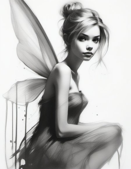Disney Tinkerbell, full body, charcoal rough sketch, art by agnes cecile