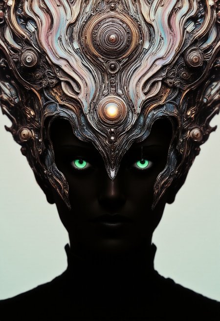 A close-up portrait of a fierce Smiling woman with planet-head in M.C. Escher's surreal space laboratory. Her intense gaze locks onto the viewer, eyes glowing faintly with toxic-green energy. The background dissolves into intricate geometrical illusions and woodcut-style patterns, reminiscent of 1970s psychedelic album art, an ornate metallic crown, its surface etched with shifting, holographic emblems from a forgotten dynasty. The lighting is soft yet dramatic, pastel tones blending into monochrome with subtle, iridescent accents. Her face is framed by flickering shadows that warp and twist like an optical illusion, giving a surreal and otherworldly vibe.