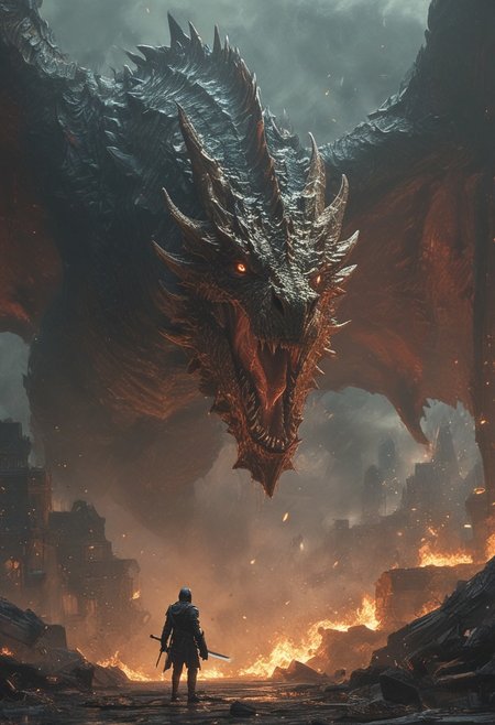 cinematic  by (((Hugh Ferriss) and wlop) and Brian Mashburn) and Tom Whalen,   action shot, fighting, fantasy, gigantic pet dragon, bosstyle <lora:boss_battles:0.55>  , shallow depth of field