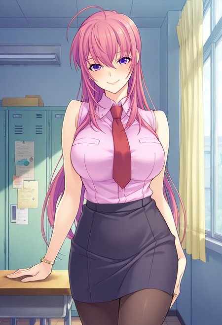 score_9,score_8_up,score_7_up,source_anime,5_figner,2d_animation,game cg,BREAK,1girl,solo,
Togashi Sayumi,long hair,purple eyes,pink hair, mature female,ahoge,side hair, V bangs,
jewelry, black pantyhose, Short red necktie, pink shirt,sleeveless,pencil skirt,white heels,
cowboy shot,looking at viewer,smile,standing,front view,
school,class room,locker,window,indoor,curtain,bulletin board,
masterpiece,best qualit,ultra-detailed,illustration,an extremely delicate and beautiful,beautiful detailed eyes,unity 8k wallpaper,high resolution,anime CG,official_art,