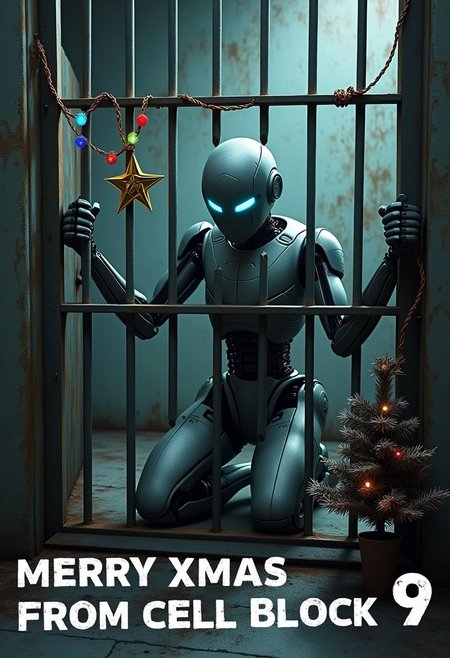 A futuristic robot android with a sleek metallic body and glowing blue eyes, kneeling inside a dimly lit jail cell. Its arms are extended through the iron bars of the cell door, gripping the bars tightly as if yearning for freedom. The cell is poorly decorated for Christmas, with a scraggly, half-dead Christmas tree in the corner, missing branches and draped in cheap, tangled tinsel. A single strand of flickering multicolored lights hangs haphazardly from the bars, with a broken plastic star barely hanging on. The atmosphere is bleak and grimy, with rust-stained walls and a cold, metallic vibe. Below the image, the bold text reads "MERRY XMAS FROM CELL BLOCK 9" in a distressed, stencil-style font, as if painted on the wall beneath the cell.