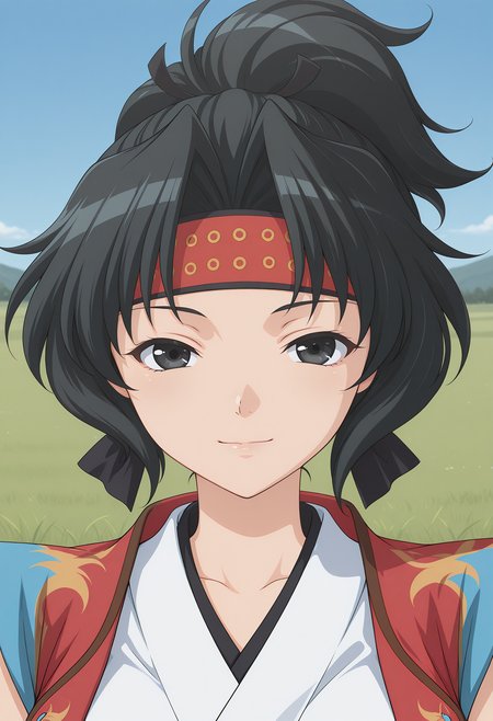 sanada_miyuki, black eyes, black hair, ponytail, headband, japanese clothes, vest, bf, <lora:sanada_miyuki_illustrious_ver1:0.8> 
light smile,, masterpiece, best quality, sensitive,, 1girl, solo, blue sky, (grasslands:1.2), looking at viewer,, (upper body:1.2), (close-up:1.2), (facing viewer:1.2), (open eyes:1.4), (portrait:1.2)