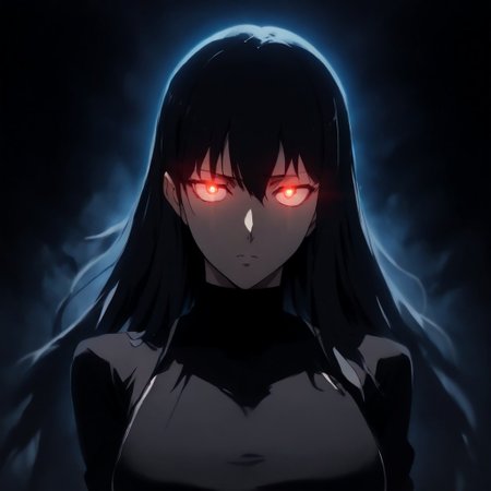 score_9, score_8_up, score_7_up, source_anime, expressive, anime, C0NTR4CT0R, speedlines, dynamic, 1girl, face_hidden, shadows, contrast, (long Hair:1.3), revealing clothing, body silhouette, shadows, large breasts, red_pupils, glowing, glowing eyes, BL4CK3STBL4CK, black_theme, matte_color, flat_color