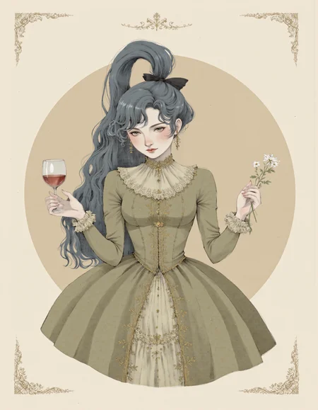 <lora:cioffi:1>, This is a digital illustration in a vintage, whimsical style. The subject is a young woman with long, flowing, dark blue hair tied into a high ponytail with a black bow. She has fair skin, large, expressive eyes, and a slight, mysterious smile. Her attire is an elaborate, Victorian-inspired dress in muted tones of green and gold. The dress features a high collar with intricate lace detailing, long sleeves with ruffled cuffs, and a full skirt with a pattern of small, diamond shapes. She holds a small, delicate glass with a red liquid, possibly wine, in her left hand, and a thin, green stem with a single white flower in her right hand. The background is a soft, beige circle, which emphasizes the woman and her accessories. Surrounding the image are intricate, floral and scrollwork borders in a lighter beige, adding to the vintage aesthetic. The overall composition is elegant and dreamy, with a touch of whimsy and mystery, blending elements of fantasy and historical fashion.