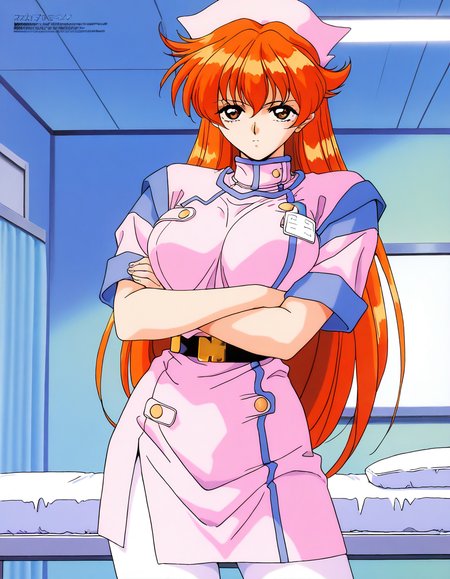masterpiece, best quality, good quality, <lora:Nogiwa_Miho_OVA_IS:1>
Nogiwa_Miho_OVA, long hair, orange hair, bangs, brown eyes, large breasts, 1990s (style) 1girl, solo, nurse, hat, pantyhose, nurse cap, serious,  crossed arms,
hospital room, looking at viewer, white pantyhose, belt, short sleeves,