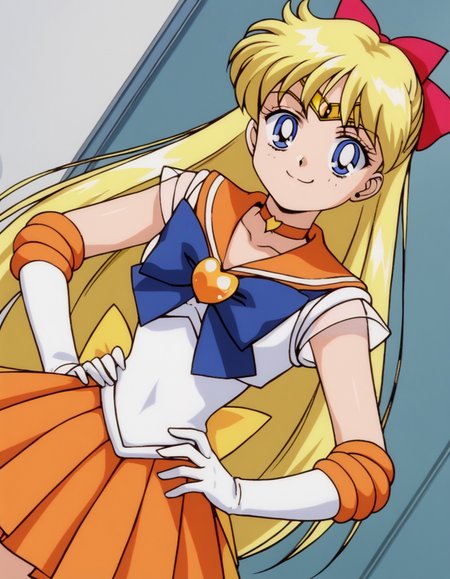 score_9, score_8_up, score_7_up, source_anime, <lora:minako-aino-supers-movie-ponyxl-lora-nochekaiser:1>, minako aino, blonde hair, blue eyes, bow, hair bow, half updo, long hair, red bow, tiara,, back bow, choker, elbow gloves, gloves, jewelry, magical girl, orange choker, orange sailor collar, orange skirt, sailor collar, sailor senshi uniform, school uniform, serafuku, skirt, white gloves,, indoors, smug, smile, looking at viewer, solo, hands on hips,, cowboy shot, dutch angle