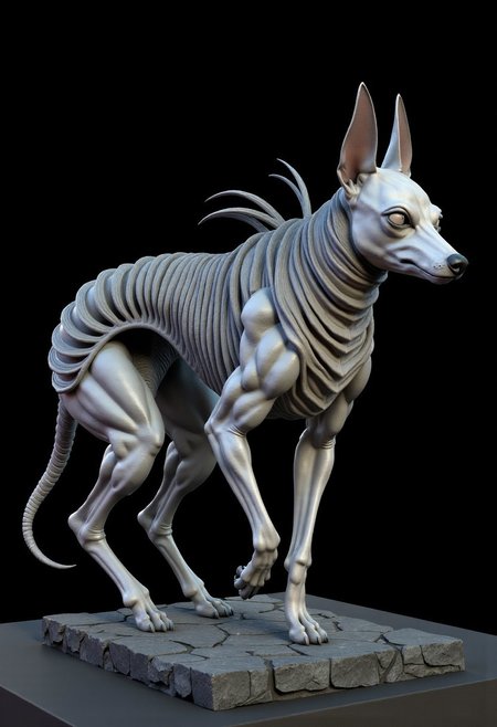 a quadruped flat body dog creature shaped by their flexible ribs which can deform and elongate as needed by inhaling air. They have four protrusions on their backs, but nobody knows what they're for. Their long fur is often used as a blanket.
Their primary diet consists of fruits. Presumably because of this, their meat is described as very delicious, which makes them suitable for a wide range of dishes. To protect themselves from predators, they bunch up together in their nests and inflate their bodies, forming a near unimpregnable wall.
They have a symbiotic relationship with the plants they live in: they eat the plants' fruits and spread the seeds in their feces.
Set against a solid dark black color background to emphasize its unnatural form that emphasizes its silhouette. The medium is not a traditional painting or illustrative medium like watercolor or ink but rather a digital 3D rendering.
ZBClay model of a gray sculpture, zbrush, d4arks0uls, MikeFranchinastyle, bbstyle,, horror theme,, overcast lighting