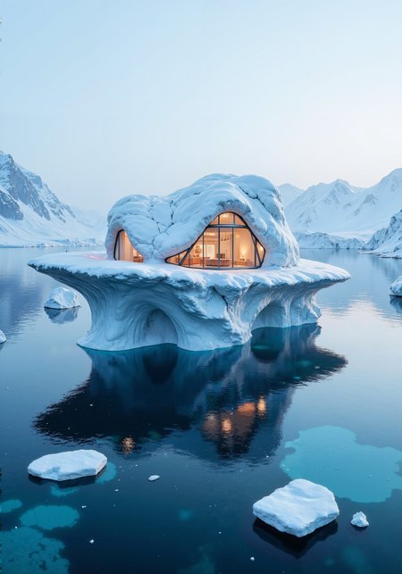 Surreal house perched on a floating iceberg in a deep fjord, seamlessly merging futuristic metal panels with organic curves of ancient ice. Intricate structural details, crystalline textures, and translucent surfaces reflecting ethereal polar hues. Delicate interplay between ambient aurora-like glow and pristine snowy landscape, capturing a harmonious blend of man-made elegance and raw nature. Exquisite architectural design integrated with the fluid dynamics of drifting ice, ultra high definition masterpiece rendered in 8K quality. Vibrant rich palette of cobalt, silver, and soft luminescent blues, detailed atmospheric lighting enhancements, and a dreamlike spatial composition that amplifies mystery and wonder. <lora:Anime realistic V2:0.7> <lora:Rainbow_on_black_style-000003:0.2> <lora:flux_dev:1>