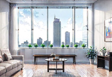 ((((front view)))), Shallow scene, ((animation style)), (((City high-rise building scenery))), ((((City scenery outside the window)))), (Facing the window), (open window), modern-style interior, Wooden floor, with white walls, (large windows), a living room, sofa and coffee table by the window sill,  Sofa placed horizontally, (Behind the sofa is the window sill), noon, clear sky, low saturation
