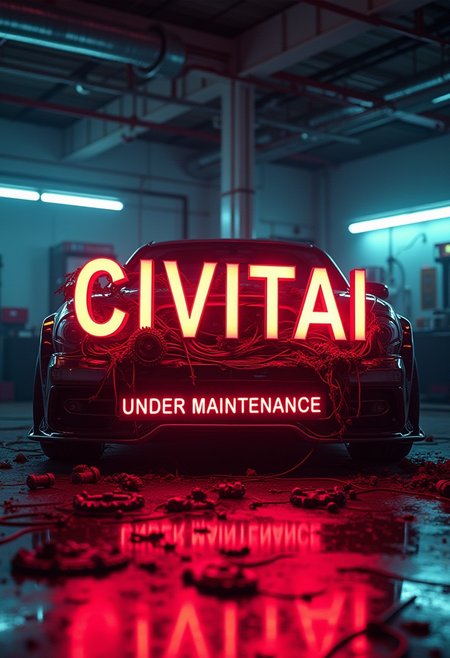 8k, Cinematic, Neon lights, the word CIVITAI on a car garage elevated platform as if it was a car, lots of wires and sprockets are falling from the word, background is a high performance tuning garage , at the bottom text reads UNDER MAINTENANCE in red neon