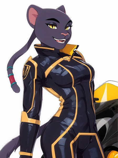 score_9,score_8,score_7, source_furry,
<solo:1.5>,
<1girl:1.5>,
tamira_rimba_racer, tamira_panther, feline, panther girl, 1girl, fanart, 1girl, motorcycle, motor vehicle, ground vehicle, solo, furry, furry female, tail, bodysuit, smile, cat tail, black bodysuit, animal ears, cat ears, yellow eyes, looking at viewer, slit pupils, cat girl, breasts, open mouth,
<white background:1.5>,
<simple background:1.5>,
 <lora:Tamira_Panther_Rimba_Racer:1> tamira_rimba_racer