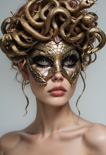 score_9, score_8_up, score_7_up, rating_safe, concept art, semi-realistic, 1girl, solo.
Young beautiful face, fit body, 
Medusa Crown. Snake Eye mask