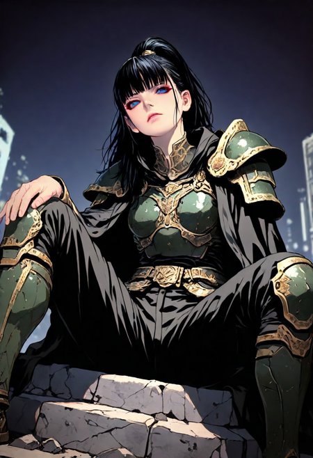 m4gicall1nes, hassaku_illu,sinozick_illu,in the style of cksc,, masterpiece,  depth of field, best quality, amazing quality, very aesthetic,very awa,
1girl, solo, sexy, cute, nordic facial features, 20 years old, 
heavy armor, metal armor, engraved armor, black hair, long hair, high ponytail, wind effect in hair, dark green armor, dark grey armor, archaic armor design, massive armor, look at viewer, bright blue eyes, glowign eyes, athletic, thicc,
black uniform over shoulders, military coat design, strict coat,
sits on the broken fundament,leans back against brick wall, spread legs, manly pose, leans on knees, broken sword in the ground, 
hi-tech with fantasy, futurism in magic world, cyberpunk style with warhammer influence, 
dutch angle, epic angle shot, wallpaper, from below, from side,
simple background, dark background, ruined cityscape, fantasy background,
(detailed outfit:1.4), (seamless:1.3), 
dark fantasy, dark dramatic palette, dim lit, contrast lit, shade, dappled moonlight, 
<lora:ck-shadow-circuit-IL:0.6> <lora:illustriousXLv01_stabilizer_v1.121:0.3> <lora:iLLMythM4gicalL1nes:0.35> <lora:HassaKu_style:0.4> <lora:Sinozick_style:0.15>
