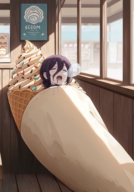 embedding:IllusP0s, nose bubble, sleeping, drooling, 1girl, reze_\(chainsaw_man\), hugging giant icecream cone, indoors, icecream shop, 1girl, solo, sprinkles, creamy icecream swirl, hugging, slouched, booth,<lora:nose_bubble_ill.safetensors:1.0:1.0>