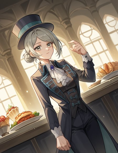 score_9, score_8_up, score_7_up, source_anime, <lora:reverse1999-vertin-ponyxl-lora-nochekaiser:1>,, vertin, freckles, grey eyes, grey hair, hair bun, short hair, medium breasts,, hat, suit, top hat, long sleeves, pants, black pants, ascot, gemstone,, restaurant, laughter, good food, warm lighting, celebration, , , arm in a sling, solo,, cowboy shot, dutch angle