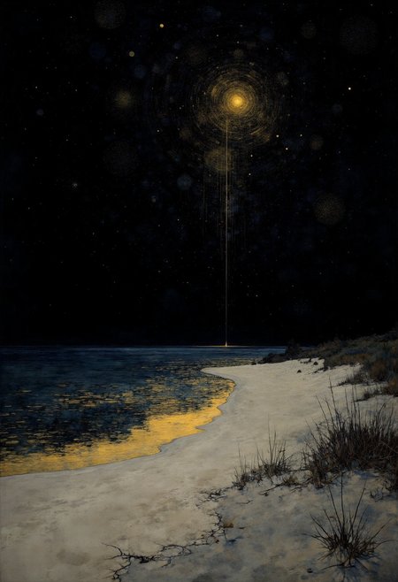 Wander into a desolate stretch of sand where the dark expanse of night meets the cosmic ocean beyond, illuminated only by fleeting flashes of ominous light dancing upon the water's surface. Imagery drenched in primary shades of black, white, and yellow paints a chilling tableau of minimalistic beauty and overwhelming awe. Impressionistic strokes capture the very essence of uncertainty, juxtaposing the serene tranquility of the coast with an ethereal dread that permeates the air. Within this eerie composition, darkness consumes every inch save for celestial bursts of illumination - ethereal beacons providing just enough light to glimpse the horrors lurking beyond our comprehension. This impressionistic and minimalistic coast becomes a haunting masterpiece, as Flux weaves a tapestry of disquieting wonder that defies all logic and pulls you inexorably into its terrifying embrace. ,<lora:flux/fav/Digital painting V1.safetensors:1.0:1.0>