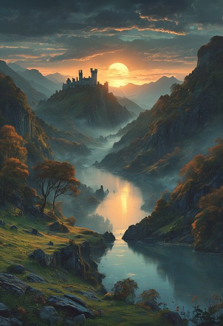 A captivating night scene illustration featuring a beautiful castle on a large  hill overlooking a lake in Wales.   The castle is ancient but well maintained and updated and comfortable to live in.  This enchanting artwork captures a serene and peaceful early morning, where the sun is just starting to rise over the beautiful hills and castle which   stands resolute amidst hills of Wales, creating a cinematic experience., illustration, cinematic
<lora:DonM3t3rn1tyXL-v1.1:0.7>, DonM3t3rn1tyXL,
OverallDetailXL  <lora:MJ52:0.3>  <lora:SDXLFaeTastic2400:0.4>  <lora:EpicF4nta5yXL:0.7>