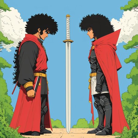 <lora:Retro_Anime_Flat_ColorsSDXL:1> ArsMJStyle, Retro Anime Flat Colors, The image shows two characters one with curly hair and the other with a sword. The character with the sword is standing in front of the other character who is wearing a red cloak and has a sword in his hand. The background shows a landscape with trees and bushes. The sky is blue and there are white clouds in the sky. The characters appear to be in a battle-ready stance with the man holding the sword and the woman standing next to him. The image is animated giving it a dynamic and action-packed feel., weapon, afro, guts (berserk), sword, 2boys, male focus, multiple boys, cape, black hair, armor