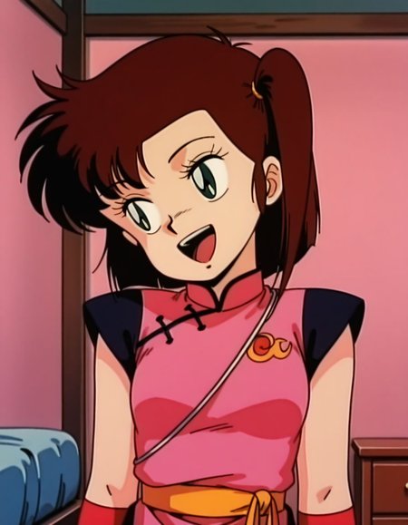 masterpiece, best quality, uncensored,  arms at sides, (head tilt), upper body, laughing, solo, bedroom, 
<lora:Yan0:1>, Yan0, 1girl, short hair, brown hair, green eyes, pink china dress, looking away, 1980s \(style\),