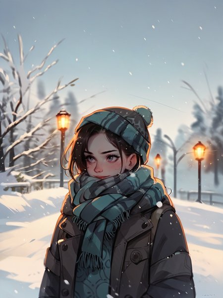 score_9, score_8_up, score_7_up, score_6_up, score_5_up,   <lora:snowXLP:1> snow, outdoors, winter, 1girl, scarf, solo, upper body,