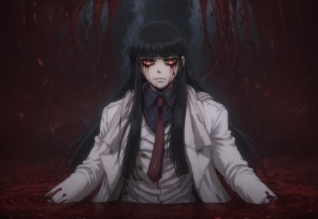 (score_9:0.9),score_8_up,score_7_up,rating_safe,anime style,(zPDXL), girlycardXL11, red eyes, black hair, long hair, blunt bangs, scarf, blue shirt, red necktie, white jacket, white coat, white gloves, white pants, empty eyes, blood stained clothes, ((closed mouth)), BREAK
pond of blood,Reflections,bloody tears,Blood Bath,reflected in pond,reflected in blood, BREAK
Dark room, sitting curled up, curled up,