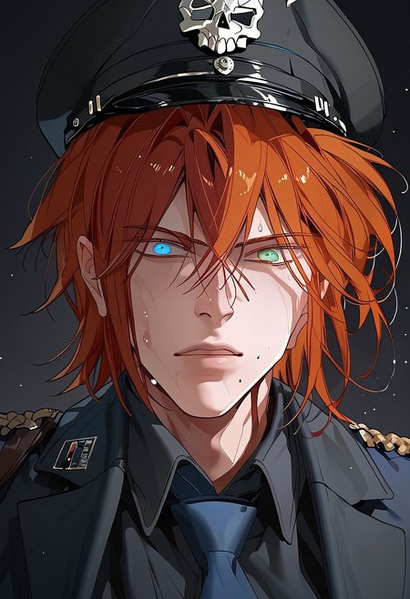 score_9, score_8_up, score_7_up, score_6_up, source_anime, 2d, 1boy, handsome boy, athletic body, manly boy, toned body, toned, male focus, solo, sweat, <lora:Chaos__Hero_Killer__Manhwa__webtoon:1>, Chaos, heterochromia, blue eye, green eye, auburn hair, medium hair, scars all over the body, closed lips, perface face, (perfect face, perfect eyes:1.2), looking at viewer, bishounen, toned male, solo, athletic build, large pectorals, abs, six pack, pecs, cute boy in his mid twenties, dark background,  <lora:warden-ponyxl-lora-nochekaiser_r1:1>, skull hat ornament, uniform, military uniform, black uniform, hat, cap, black cap, armband, collared shirt, black necktie, hand behind back, straight posture, swastikas armband, angry face expression
