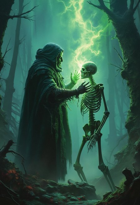 detailed photorealistic image, close up of skeleton warrior raising, its skeleton head its tilted back getting atached to its skeleton body by necrotic green magic, night, twisted woods, tundra, aurora borealis ,  directional lighting, masterpiece, perfect composition, ,drkfnts style