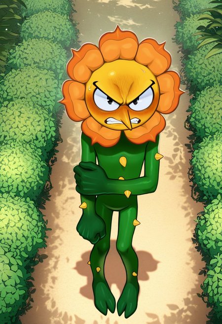 solo, male, plantform, plant boy, 1boy, CagneyCarnation, (orange petals:1.1), yellow face, pointy nose, pac-man eyes, detailed face, perfect eyes, black eyes, large head, round face, masterpiece, hires, absurdres, newest, perfect quality, best quality, ultra-detailed, detailed background, intricate details, 
frown, teeth, (embarrassed:1.2), blush, narrowed eyes, half-closed eyes, looking up at viewer, looking at viewer, angry eyebrows, blush, tsundere, cartoonish anthropomorphic flower, orange bloom, green body, plant-like design, leafy hands, leafy feet, feet resemble leafy vines, (yellow thorns, body thorns:1.2), green stem-like body, (slim, skinny:1.1), narrow hips, full body, standing, slouching, arm at side, holding own arm, clenched hand, pigeon toed, no penis, cocked hip, sweatdrop, 
BREAK 
outdoors, (garden:1.1), bloom, dappled sunlight, high-angle view, from above, shadow, detailed shading, light particles, pollen,