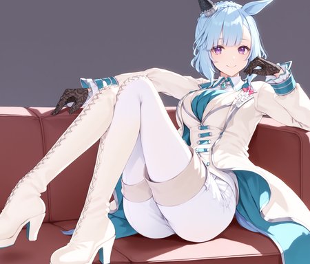 score_9, score_8_up, score_7_up, source_anime, 2D, anime BREAK
NE, 1girl, solo, purple eyes, 
looking at viewer, smile, bangs, thighhighs, gloves, long sleeves, animal ears, sitting, closed mouth, blue hair, purple eyes, jacket, braid, boots, shorts, black gloves, high heels, thigh boots, white footwear, white jacket, (crossed legs), horse ears, black background, horse girl, couch, high heel boots, white pants, on couch, half updo, short hair, 
<lora:mejiro_ardan-ponyXL-000006:1>,