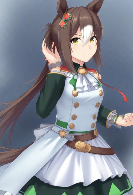 fine_motion_(umamusume) , 
, zoom_layer,1 girl,, indoor , 
animal ears , hair ornament , horse ears , ,horse tail, umamusume , 
shiseki_hirame artist style , Shiseki Hirame artist style ,clothing ,diamondMW, clothes made of mad-cable clothes, upper body , long skirt, solo,countless diamonds