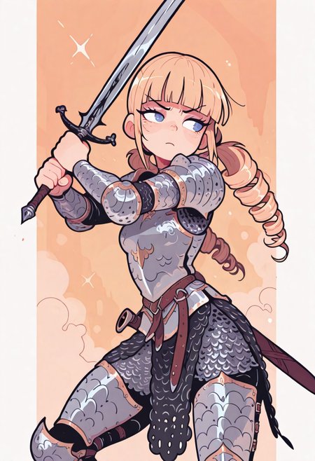 dynamic pose, 1girl,
detailed eyes,
detailed face,

drill twintails, blunt bangs, long hair,
chainmail armor, sword,

masterpiece ,best quality ,amazing quality, Flatline, Flat vector illustration, rapscallionstyle, androjuniarto,