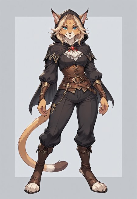 Solo, reallynxgirl_style, (zPDXL2), (PonyXLV6_Scores), Expressiveh, full body portrait, BREAK
lhata4564, d3t41l3d, 
Furry, cat, 1woman, adult, female focus, solo, Fantasy aesthetics, hooded thief, looking at viewer, ((shadowverse style)) 