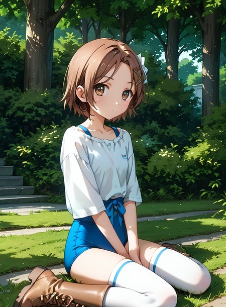score_9, score_8_up, score_7_up, 1girl, 
<lora:buruma_Pony_V1.0:1> sgu, blue buruma, outdoors,
beautiful girl, xnwolfex <lora:xlponygirln-wolfe:1>, boots, sitting, thighhighs,
<lora:Kurashima_Chiyuri:0.7> 1girl, brown hair, brown eyes,  
Background: Outdoor Park,
soft features, best quality, masterpiece,