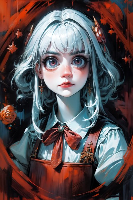 (abstract art:1.2), fractal art, psychedelic art, (style of Yuko Shimizu:1.1), red theme, dark theme, 1girl, roses, hair ornament, somber expression, dark blue accent, masterpiece, best quality, ultra high res, award-winning art, highly detailed, beautiful, aesthetic, Inverted Bob with Fringe,((best quality, masterpiece, extreme details):1.2) ((detailed eyes, detailed face):1.2), egirlmakeup <lora:add_detail:1> <lora:egirlmakeupv1:0.7> <lora:backlight_slider_v10:1> <lora:skin_tone_slider_v1:-4>  <lora:detail_slider_v4:2> <lora:eye_size_slider_v1:5>